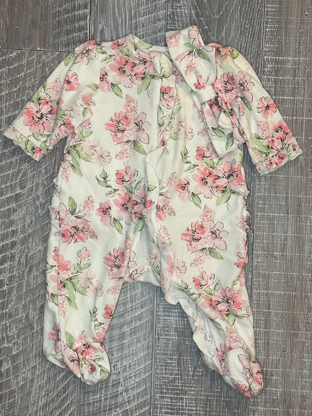 Little Me Floral Pink and White Footed Baby One-Piece with Headband
